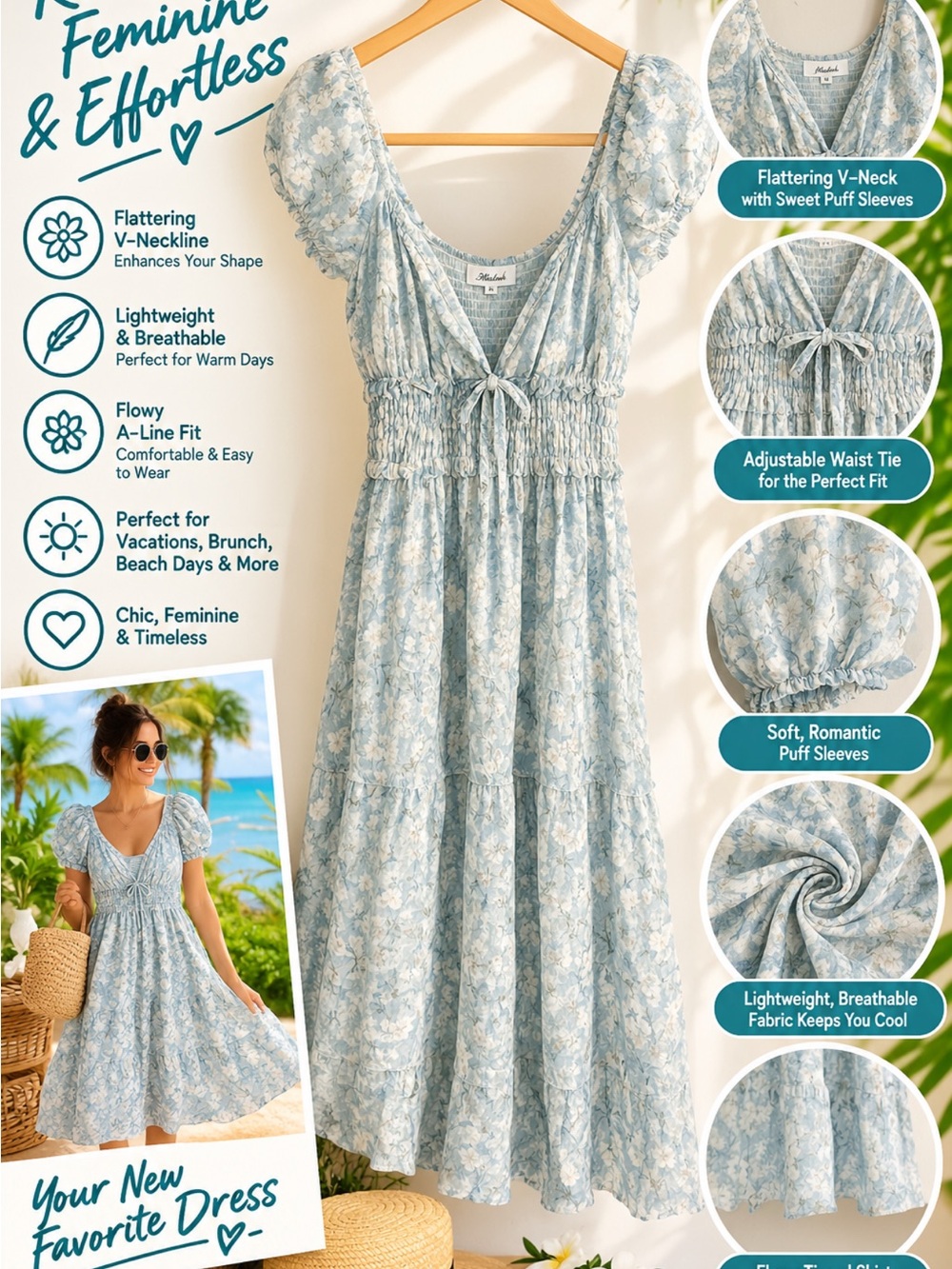 Light Blue Floral V-Neck Midi Dress with Puff Sleeves and Adjustable Waist Tie